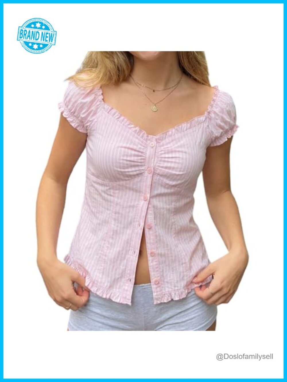Women's Cap Sleeve Ruffle Trim Babydoll Top Scoop Neck Button-up Blouse